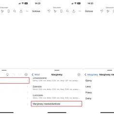 Ekran aplikacji mobilnej z ustawieniami układu dokumentu. Widoczne opcje: Marginesy, Orientacja, Rozmiar, Kolumny, Znaki podziału. Wybrane są Marginesy niestandardowe.