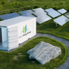 Kontener z bateriami do magazynowania energii, otoczony panelami słonecznymi. To przyszłość OZE, co to za technologia?