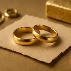 Dwa złote obrączki na papierze, obok sztabki złota. Zastanawiasz się, ile kosztuje zrobienie obrączek z własnego złota?