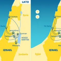 Trasy wycieczki do Izraela: lato i zima. Mapka pokazuje połączenia między Tel Awiwem, Jerozolimą, Betlejem, Cezareą, Qumran i Masadą.