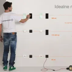 Mężczyzna pokazuje idealne miejsca na gniazdka: 150 cm dla informacji, 110-120 cm dla akcji, 30 cm dla zasilania.