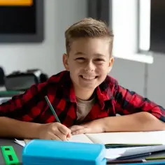 Uśmiechnięty chłopiec w kratę pisze w zeszycie, ciesząc się swoją edukacją domową.