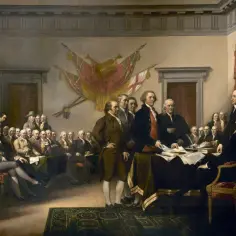 Uroczyste podpisanie deklaracji niepodległości USA. Mężczyźni w strojach z epoki zebrani w sali, by uchwalić wolność.