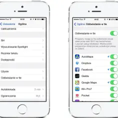 Ekran iPhone'a z ustawieniami "Odświeżanie aplikacji w tle". Widoczne opcje dla AutoMapy, Dropbox, Facebook, Giełdy i innych.