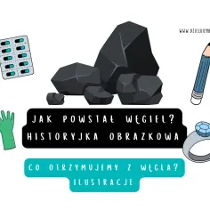 Ilustracja przedstawia bryły węgla, tabletki, rękawiczki, ołówek i pierścionek.