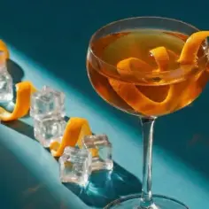 Elegancki drink z whisky i miodem, ozdobiony skórką pomarańczy, obok kostek lodu i plasterka cytrusa.