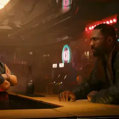 Kobieta i mężczyzna w neonowym barze, atmosfera cyberpunk dodatek.