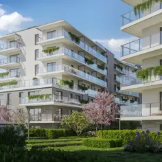 Nowoczesne apartamenty w Szczecinie, zielone tarasy i kwitnące drzewa. Idealne miejsce na inwestycje.