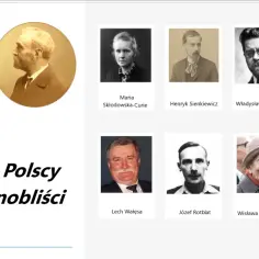 Portrety wybitnych polskich noblistów: Marii Skłodowskiej-Curie, Henryka Sienkiewicza, Władysława Reymonta, Czesława Miłosza, Lecha Wałęsy, Józefa Rotblata, Wisławy Szymborskiej i Olgi Tokarczuk.