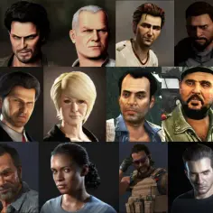 Kolaż postaci z gry Uncharted: różnorodni bohaterowie, od poszukiwaczy przygód po złoczyńców, każdy z własną historią.