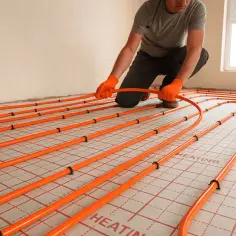 Instalator układa pomarańczowe rury systemu ogrzewania podłogowego na specjalnych panelach. To kluczowy etap prac, by wybrać odpowiednie panele na ogrzewanie podłogowe.