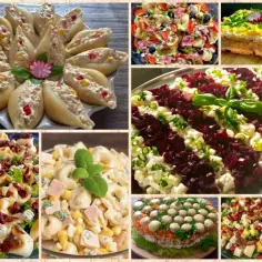 Kolaż apetycznych sałatek: muszle faszerowane, tortellini z suszonymi pomidorami, makaron z szynką i kukurydzą, warstwowa z burakami, tort z pieczarkami i sałatka z owocami. To najlepsza sałatka jaką jadłam!