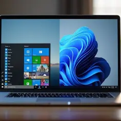 Laptop z podzielonym pulpitem: po lewej menu Start, po prawej tapeta Windows 11. Dowiedz się, jak podzielić pulpit na dwa ekrany.