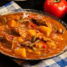 Pyszna zupa gulaszowa Ani gotuje, pełna mięsa, ziemniaków i warzyw w aromatycznym sosie.