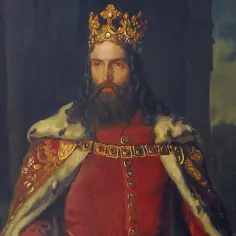 Portret króla w koronie i purpurowym płaszczu, symbolizujący dokonania Kazimierza Wielkiego.