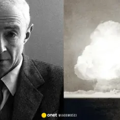 J. Robert Oppenheimer, ojciec bomby atomowej, z fajką w dłoni i widokiem na grzyb atomowy.