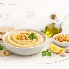 Miseczka hummusu z ciecierzycą, oliwą, cytryną, czosnkiem i pieczywem.
