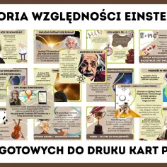 Albert Einstein i jego teoria względności. Obraz przedstawia różne aspekty tej teorii, od jej twórcy po jej zastosowania.