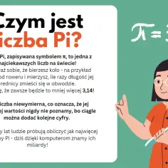 Ilustracja wyjaśnia, czym jest liczba Pi (π ≈ 3.14). Kobieta w okularach wskazuje na równanie.