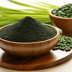 Chlorella w proszku i tabletkach. Czy wolisz chlorellę rano czy wieczorem? Zielone liście w tle dodają świeżości.