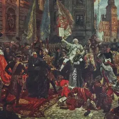 Tłum świętuje uchwalenie Konstytucji 3 Maja. Król Stanisław August Poniatowski niesiony na rękach, wśród flag i żołnierzy.