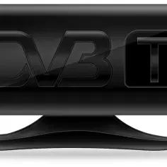 Czarny dekoder DVB-T na podstawce. Może być przyczyną, dlaczego antena pokojowa nie odbiera.