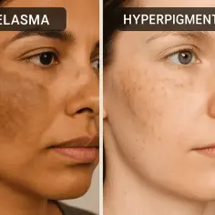 Porównanie twarzy: po lewej melasma, ciemne przebarwienia na twarzy, po prawej – drobne przebarwienia.