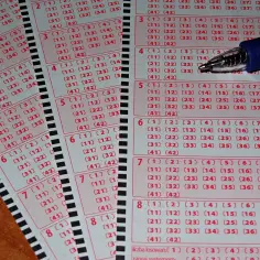 Kupony gry Lotto Plus z zaznaczonymi liczbami i długopisem.