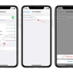 Trzy ekrany iPhone'a pokazujące ustawienia Bluetooth, w tym listę urządzeń i opcję "Zapomnij urządzenie".