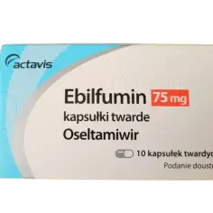 Opakowanie leku Ebilfumin 75 mg, zawierającego oseltamiwir w kapsułkach twardych. 10 kapsułek do podania doustnego.