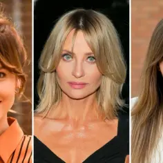 Trzy kobiety z różnymi fryzurami. Środkowa ma modną grzywkę curtain bangs, która dodaje jej uroku.