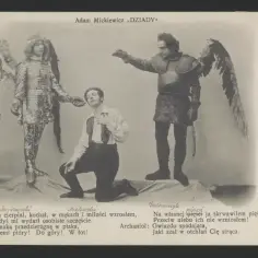 Scena z "Dziadów" Adama Mickiewicza. Przemiana Gustawa w Konrada. Anioł i Archanioł nad klęczącym bohaterem.