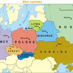 Mapa Polski i jej sąsiadów: Niemcy, Czechy, Słowacja, Ukraina, Białoruś, Litwa i Rosja.