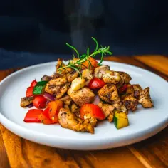 Szybki obiad z airfryer: aromatyczny kurczak z warzywami, parujący i gotowy do podania.