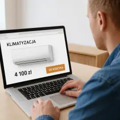Sprawdzam, ile kosztuje montaż klimatyzacji. Na ekranie laptopa widzę cenę 4100 zł i przycisk "Do koszyka".