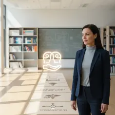 Ścieżka do zostania psychologiem: studia, staże, specjalizacje. Kobieta w garniturze w bibliotece.
