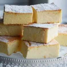 Puszysty sernik bez spodu, pokrojony w kostkę i posypany cukrem pudrem, piętrzy się na białej paterze.