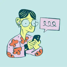 Osoba w okularach i kwiecistej bluzie przegląda telefon, a obok niej dymek z pytaniem "prokrastynacja co to?".