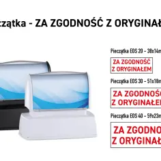 Dwie pieczątki, jedna czarna, druga biała, z napisem "ZA ZGODNOŚĆ Z ORYGINAŁEM" w różnych rozmiarach.