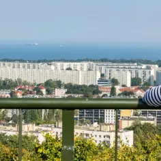 Widok na osiedle mieszkaniowe w Gdańsku z tarasu widokowego. W oddali widać morze i statki.