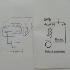 Rysunek schematu podłączenia silnika jednofazowego z kondensatorem i uzwojeniami.