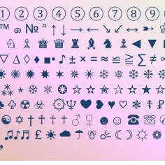 Kolekcja znaków specjalnych na klawiaturze: cyfry, symbole, figury, symbole muzyczne, matematyczne, szachowe, religijne, pogodowe i inne.