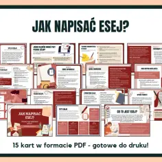 Grafika z hasłem "Jak napisać esej?". Zawiera 15 kart PDF z poradami, jak pisać eseje, krok po kroku.