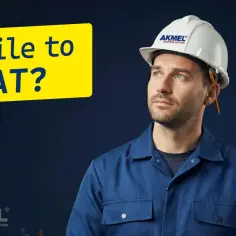 Budowlaniec w kasku AKMEL zastanawia się nad mocą pozorną. Czy to pytanie o energię, czy o potencjał?