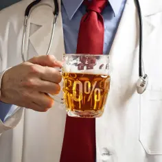 Lekarz w białym kitlu i czerwonym krawacie trzyma kufel piwa. Na szkle widnieje napis "100%". Obrazek symbolizuje przyczyny braku piany w piwie mimo wysokiego wysycenia.