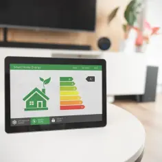 Tablet z aplikacją Smart Home Energy pokazuje skalę efektywności energetycznej, gdzie klasa energetyczna E jest zaznaczona.