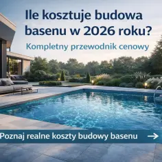 Nowoczesny basen z leżakami i nowoczesnym domem. Dowiedz się, ile kosztuje budowa małego basenu w 2026 roku.