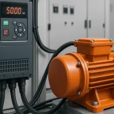 Szary przemiennik częstotliwości z cyfrowym wyświetlaczem 50.00 Hz obok pomarańczowego silnika elektrycznego.