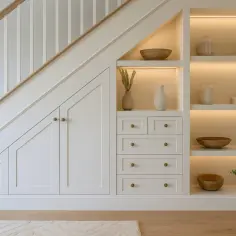 Elegancka zabudowa wnęki pod schodami z drzwiczkami i szufladami, uzupełniona o podświetlane półki z dekoracjami.