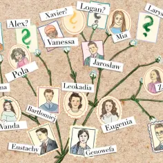 Drzewo genealogiczne z portretami członków rodziny, w tym Aleksander, Leokadia, Eustachy i inni.